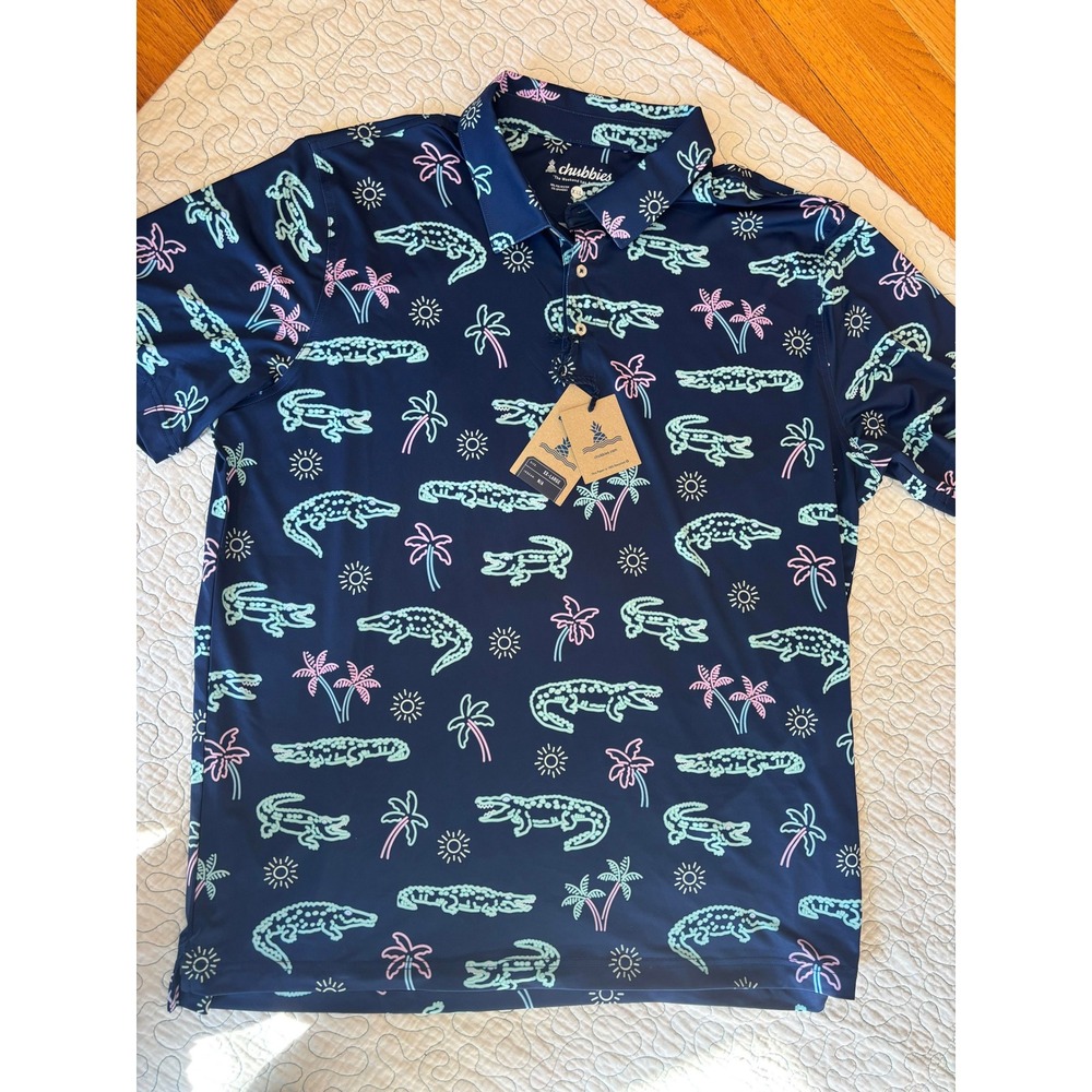 Chubbies Mens The Neon Glade Performance Polo Shirt XXL Navy Alligator Palm Tree